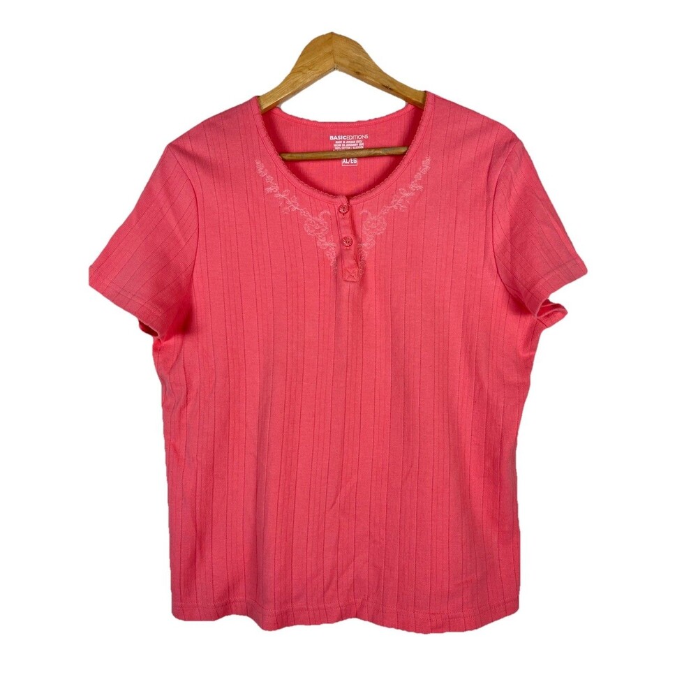 Basic Editions Women’s XL Pink Ribbed Cotton Henley Top Short Sleeve Floral - Picture 2 of 8